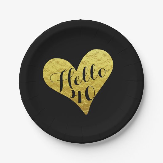 40e verjaardag Hallo 40 zwart en Faux Gold Heart Papieren Bordje (Voorkant)