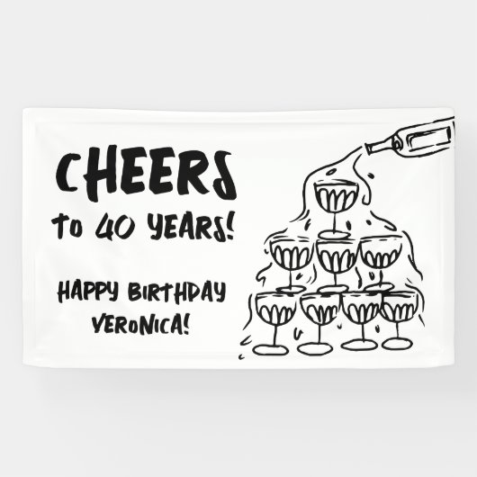 40e verjaardag Hand getrokken Champagne Vinyl Bann Spandoek (Horizontaal)