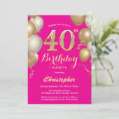 40e verjaardag Hot Pink en Gold Balloons Confetti Kaart (Staand voorkant)