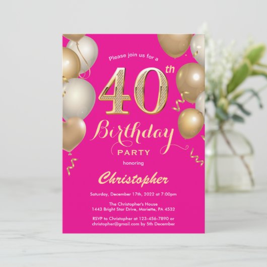 40e verjaardag Hot Pink en Gold Balloons Confetti Kaart (Staand voorkant)
