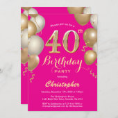 40e verjaardag Hot Pink en Gold Balloons Confetti Kaart (Voorkant / Achterkant)