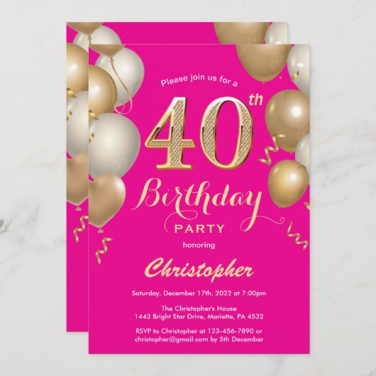 40e verjaardag Hot Pink en Gold Balloons Confetti Kaart (Voorkant / Achterkant)