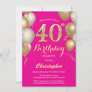 40e verjaardag Hot Pink en Gold Balloons Confetti Kaart