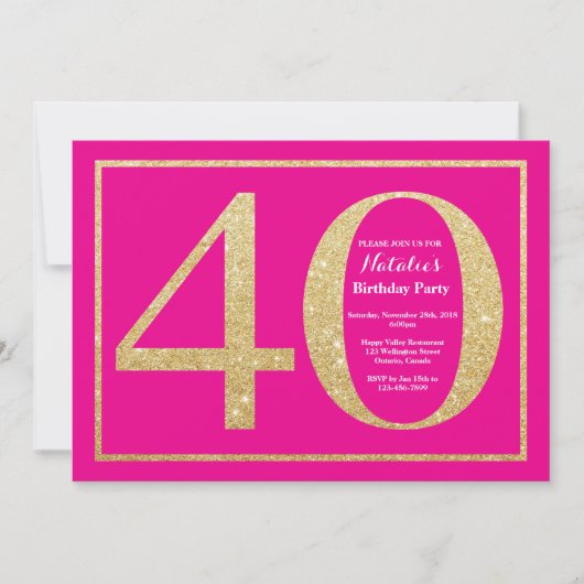 40e verjaardag Hot Pink en Gold Glitter Kaart (Voorkant)