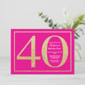 40e verjaardag Hot Pink en Gold Glitter Kaart (Staand voorkant)