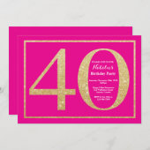 40e verjaardag Hot Pink en Gold Glitter Kaart (Voorkant / Achterkant)