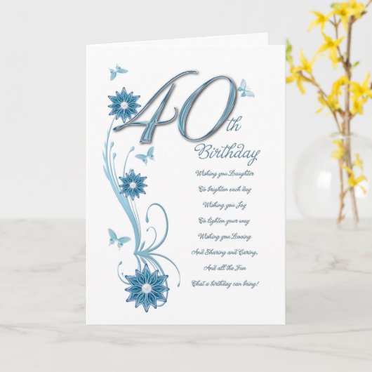 40e verjaardag in blauwgroen met bloemen en vlinde kaart (Gele Bloem)