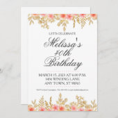 40e verjaardag Invite, Gold en roze Floral Kaart (Voorkant / Achterkant)