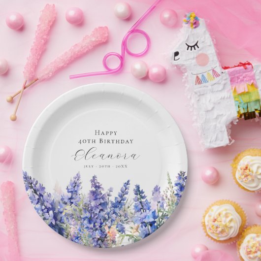 40e Verjaardag Juli Geboortebloem Larkspur Custom Papieren Bordje (Feest)