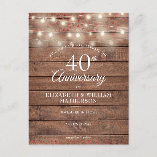 40e verjaardag kerstverlichting hout Save the Date Aankondigingskaart (Voorkant)