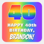 40e verjaardag: kleurrijk, vun regenboogpatroon #  vierkante sticker (Voorkant)