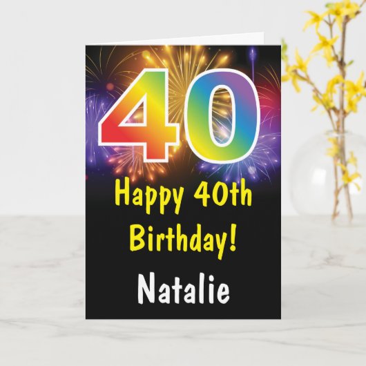40e verjaardag kleurrijke regenboogvuurwerkkaart kaart (Gele Bloem)