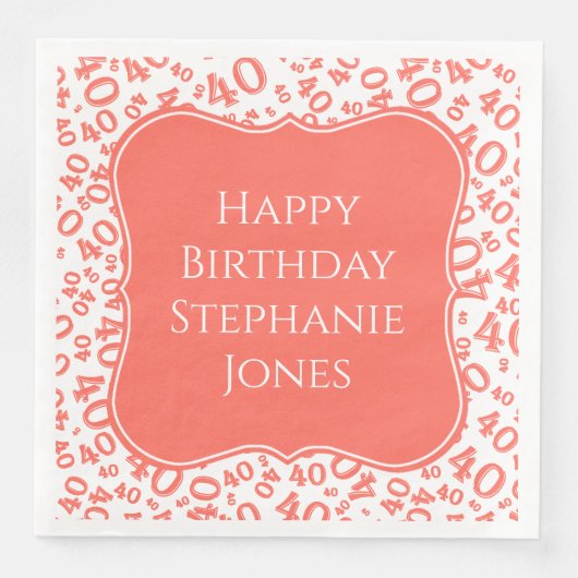 40e verjaardag Koraal/Witte Haak Nummer Patroon Servet (Voorkant)