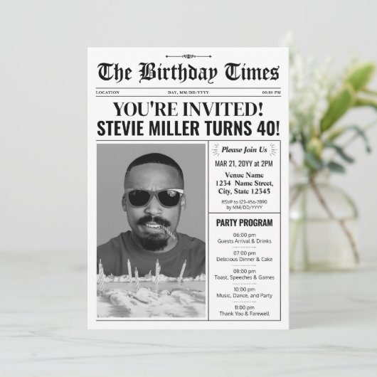 40e verjaardag krantenuitnodiging met programma (Staand voorkant)