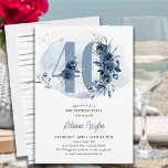 40e verjaardag Kustblauw Floral nummer 40 Kaart<br><div class="desc">40e verjaardagsfeestdag met nummer 40 versierd met rozen knoppen, bloei en bladeren in tinten blauw en zand. Subtiel feminine en elegant ontwerp met waterverf florale voorzieningen, verfsplatters en penseelstreken. Ideaal voor de viering van de veertigste verjaardag met bijvoorbeeld een kustvibe, een strandhuis of een plaats aan de wal of aan...</div>