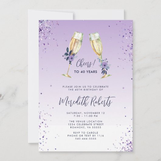 40e verjaardag Lavender Ombre Champagne Toast Part Kaart (Voorkant)