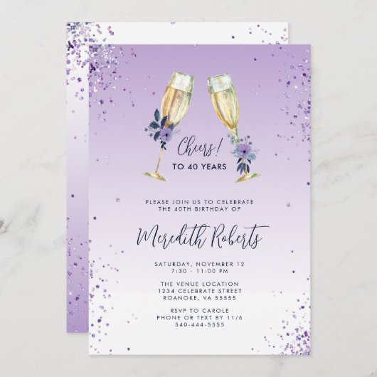 40e verjaardag Lavender Ombre Champagne Toast Part Kaart (Voorkant / Achterkant)