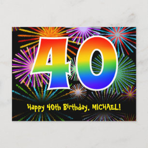 40e verjaardag – leuk vuurwerkpatroon + regenboog  briefkaart