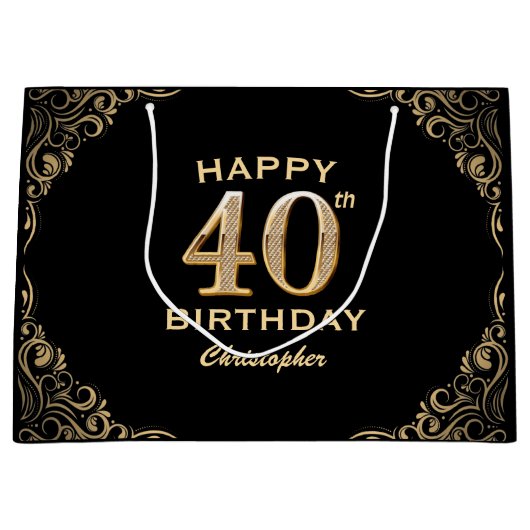 40e verjaardag Lijst voor zwarte en goudglitter Groot Cadeauzakje (Voorkant)