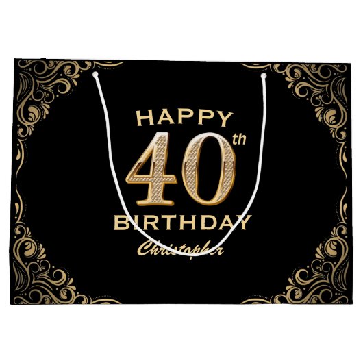 40e verjaardag Lijst voor zwarte en goudglitter Groot Cadeauzakje (Achterkant)