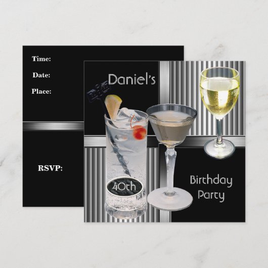 40e verjaardag Mannen Drinken Metal Black Silver Kaart (Voorkant / Achterkant)
