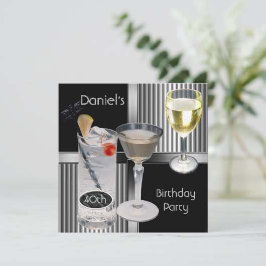 40e verjaardag Mannen Drinken Metal Black Silver Kaart (Staand voorkant)