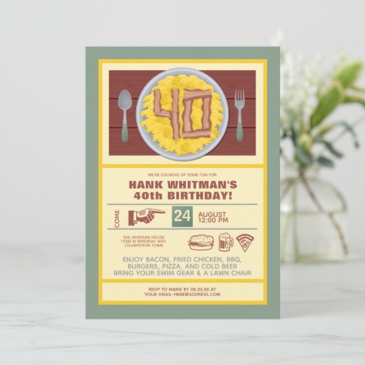 40e verjaardag Mannen Funny Bacon Eggs Thema Kaart (Staand voorkant)