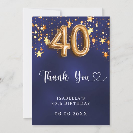 40e verjaardag Marine Blauw Goud Sterren Bedankkaart (Voorkant)