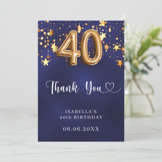 40e verjaardag Marine Blauw Goud Sterren Bedankkaart (Staand voorkant)