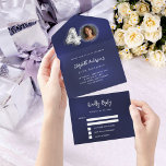 40e Verjaardag marine blauw zilver foto rsvp All In One Uitnodiging<br><div class="desc">Een marineblauwe achtergrond. De blauwe kleur is ongelijk. Personaliseer en voeg een foto,  naam,  partijgegevens,  RSVP-datum,  retouradres en naam toe. Nummer 40 is geschreven met een ballon stijl lettertype in faux zilver.</div>