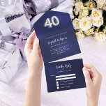 40e Verjaardag marine blauw zilver rsvp All In One Uitnodiging<br><div class="desc">Een marineblauwe achtergrond. De blauwe kleur is ongelijk. Personaliseer en voeg namen,  partijgegevens,  RSVP-datum,  retouradres en naam toe. Nummer 40 is geschreven met een ballon stijl lettertype in faux zilver.</div>