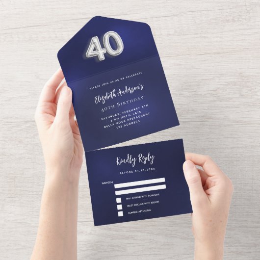 40e Verjaardag marine blauw zilver rsvp All In One Uitnodiging (Afscheurbaar)