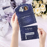 40e Verjaardag marine blauwe foto zilveren sterren All In One Uitnodiging<br><div class="desc">Een marineblauwe achtergrond,  versierd met sterren. De blauwe kleur is ongelijk. Personaliseer en voeg een foto,  naam,  partijgegevens,  RSVP-datum,  retouradres en naam toe.</div>