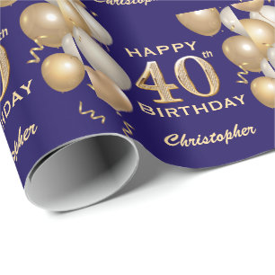 40e verjaardag marineblauw en goudballonnen cadeaupapier