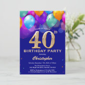 40e verjaardag marineblauw en goudkleurige ballonn kaart (Staand voorkant)