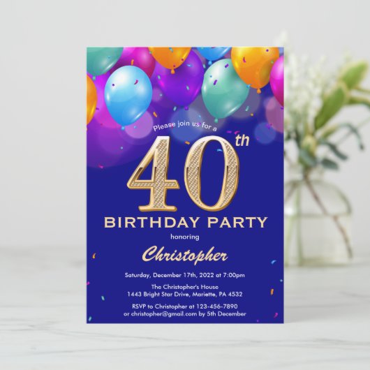 40e verjaardag marineblauw en goudkleurige ballonn kaart (Staand voorkant)