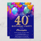 40e verjaardag marineblauw en goudkleurige ballonn kaart (Voorkant / Achterkant)