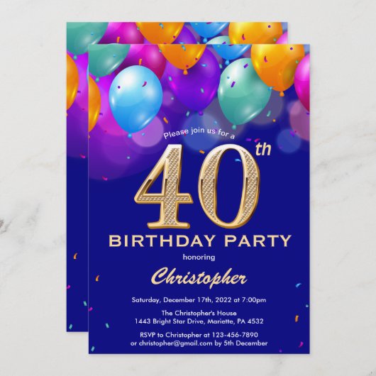 40e verjaardag marineblauw en goudkleurige ballonn kaart (Voorkant / Achterkant)