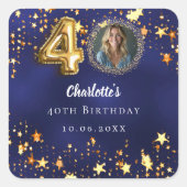 40e verjaardag marineblauw gouden sterren foto vierkante sticker (Voorkant)