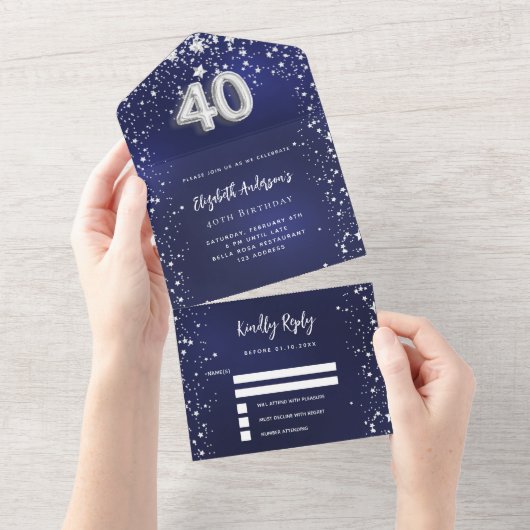 40e Verjaardag marineblauw zilver sterren rsvp All In One Uitnodiging (Afscheurbaar)