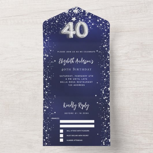 40e Verjaardag marineblauw zilver sterren rsvp All In One Uitnodiging (Binnen)