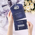 40e Verjaardag marineblauw zilver sterren rsvp All In One Uitnodiging<br><div class="desc">Een marineblauwe achtergrond,  versierd met sterren. De blauwe kleur is ongelijk. Personaliseer en voeg namen,  partijgegevens,  RSVP-datum,  retouradres en naam toe. Nummer 40 is geschreven met een ballon stijl lettertype.</div>