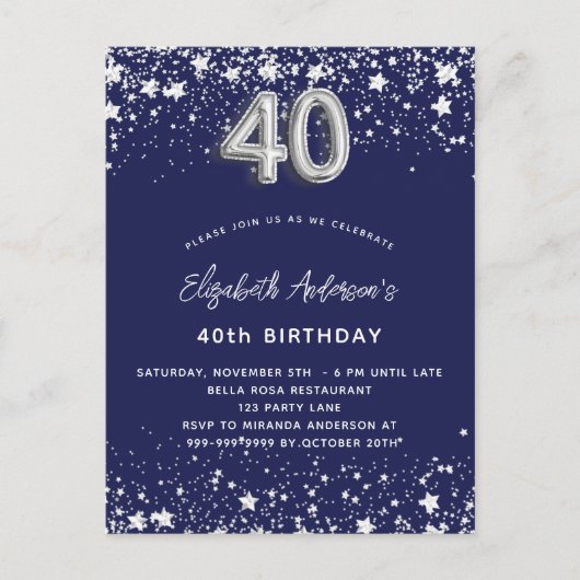 40e verjaardag marineblauw zilveren sterren glamou uitnodiging briefkaart (Voorkant)