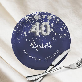 40e verjaardag marineblauwe zilveren sterren papieren bordje