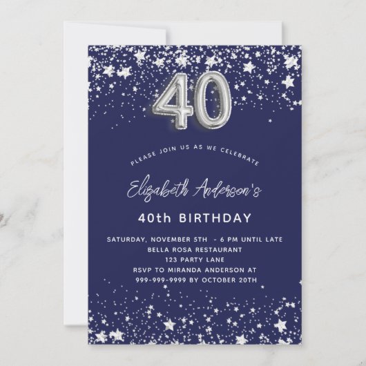 40e verjaardag marinesblauwe zilversterren luxe kaart (Voorkant)