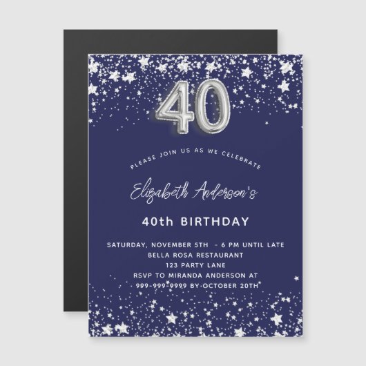 40e verjaardag marinesblauwe zilversterren luxe magnetische uitnodiging (Voorkant / Achterkant)