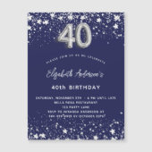 40e verjaardag marinesblauwe zilversterren luxe magnetische uitnodiging (Voorkant)