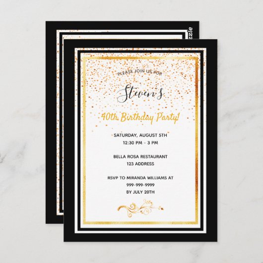 40e verjaardag met zwarte gouden uitnodiging (Voorkant / Achterkant)