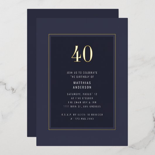 40e verjaardag Minimal Elegant Donkergoud Lijst Folie Uitnodiging (Voorkant / Achterkant)