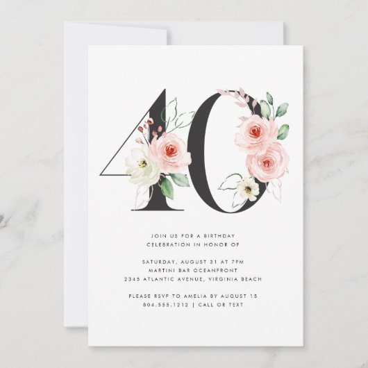 40e Verjaardag Modern Floral Roos Goud Groen Kaart (Voorkant)